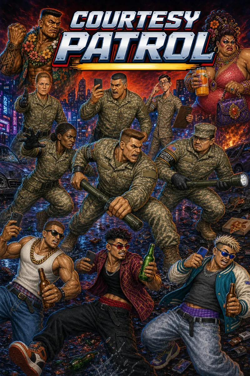 Courtesy Patrol game artwork showing three soldiers facing three nightlife troublemakers