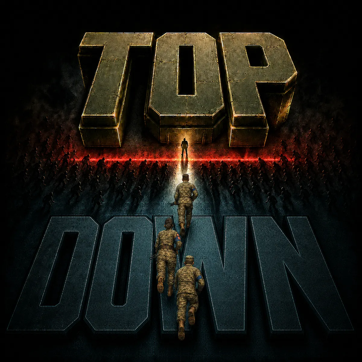 Top Down game artwork showing three soldiers advancing toward an overwhelming crowd